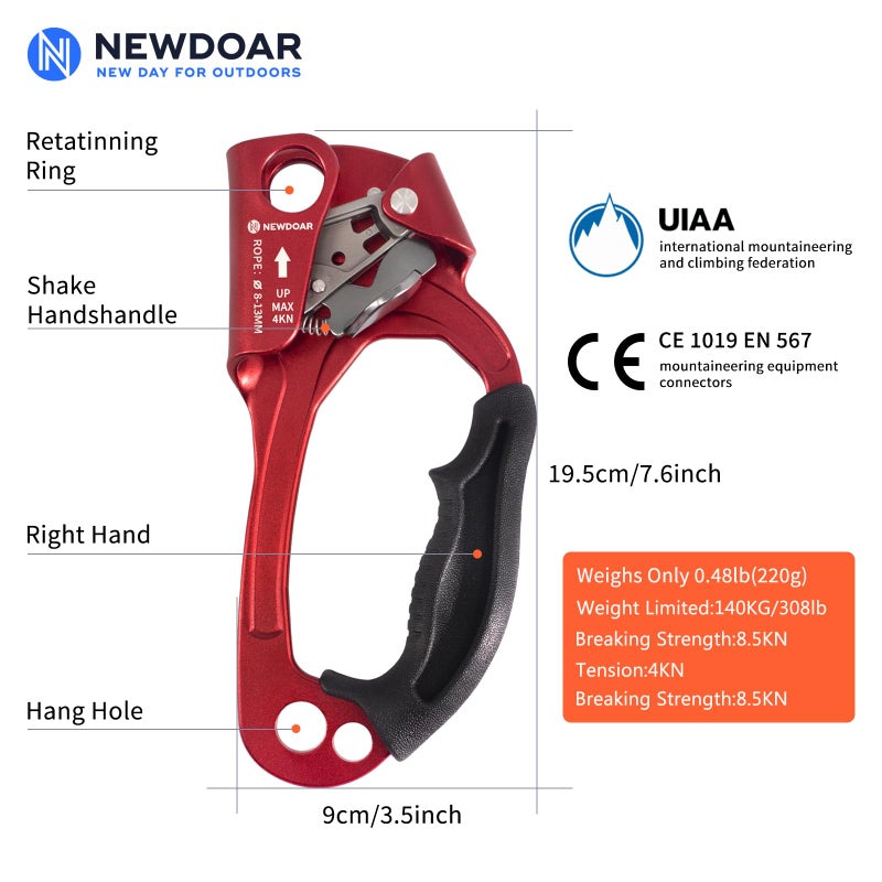 NewDoar UIAA & CE Certified Hand Ascender Rock Climbing Tree Arborist Rappelling Gear Equipment Rope Clamp for 8~12MM Rope(Red) - Image 2